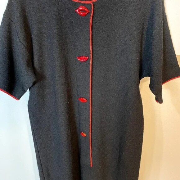 Steve Fabrikant Red Lips Funky Vintage Black Wool Short Sleeve Midi Dress SZ 10 - Picture 3 of 15